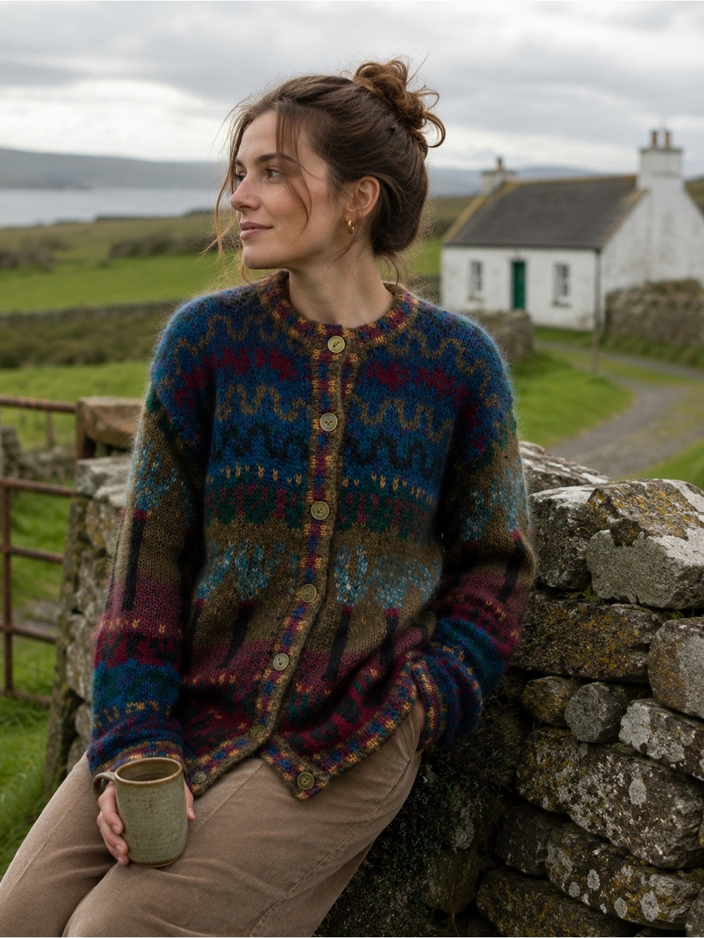 Vintage Kilkenny Ireland Mohair Wool Lined Cardigan sz L Fair Isle Cottagecore